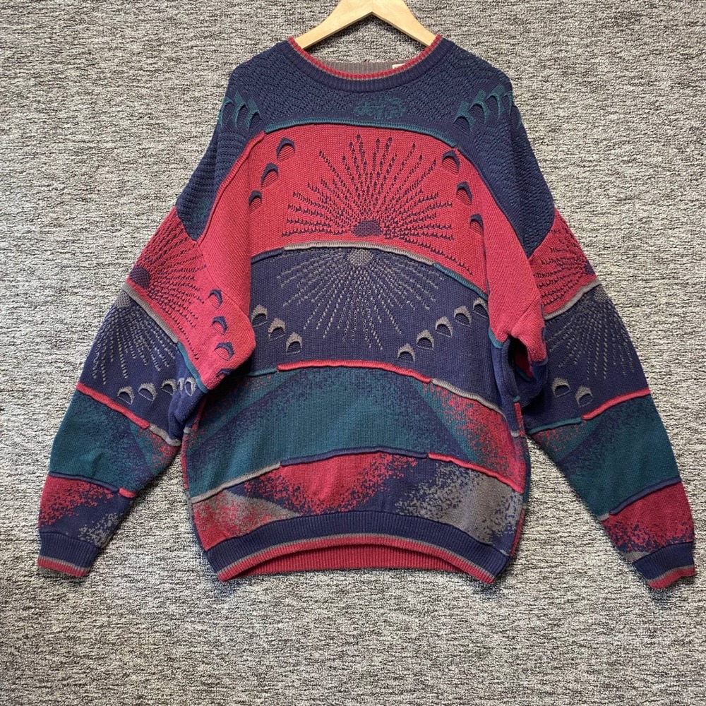 Vintage Cotton Traders Coogi Style Sweater XL 3D‎ Knit Abstract Starburst 90s